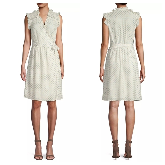 Rebecca Taylor Ikat Sleeveless Polkadot Wrap Dress Sz 2 White/Blue Ruffle - Picture 12 of 12